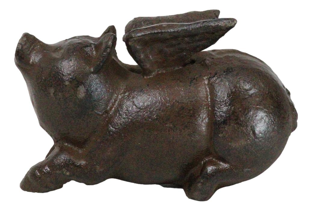 Cast Iron Whimsical Flying Winged Angel Pig Decorative Sculpture Paperweight 5"L