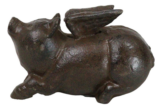 Pack Of 2 Cast Iron Whimsical Flying Winged Angel Pig Sculpture Paperweight 5"L