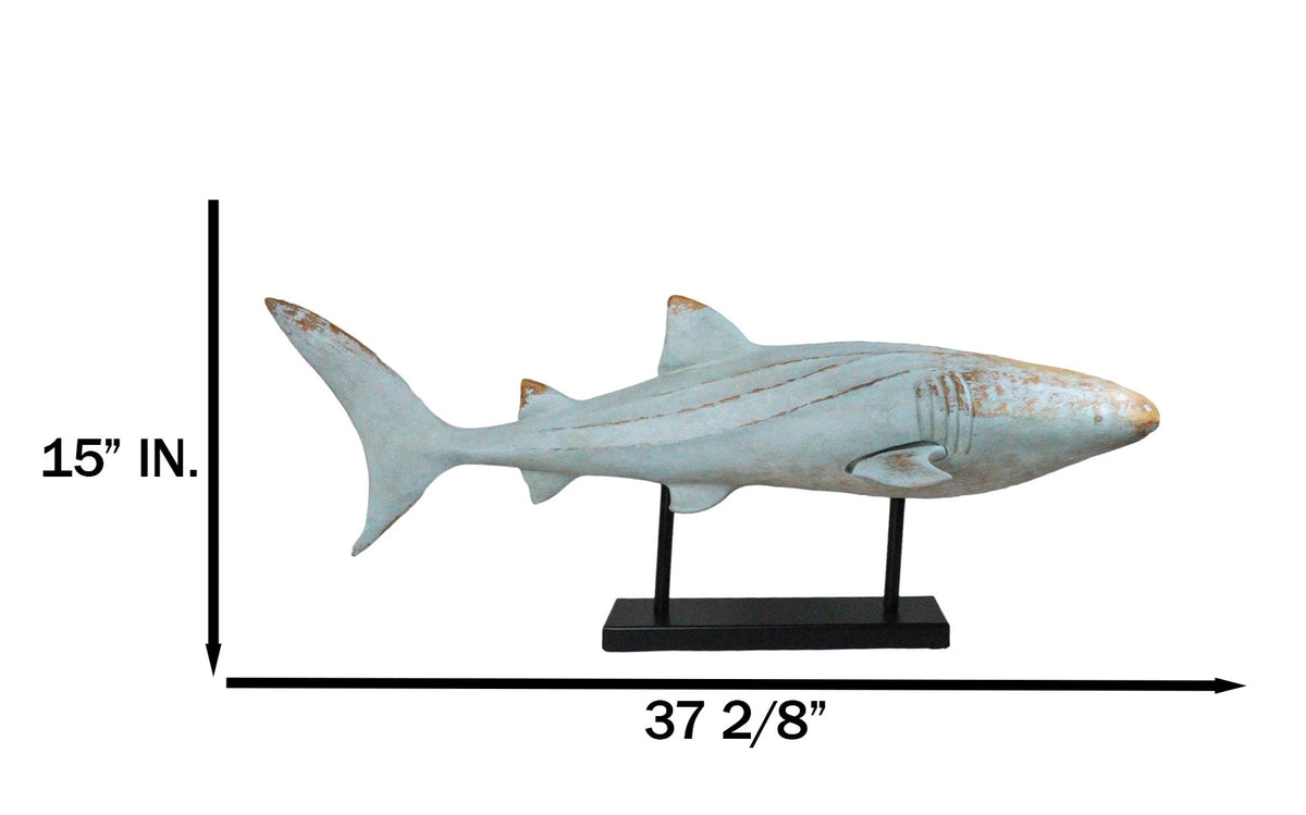 Large Nautical Marine Whale Shark Faux Wood Sculpture On Black Stand 37" Long