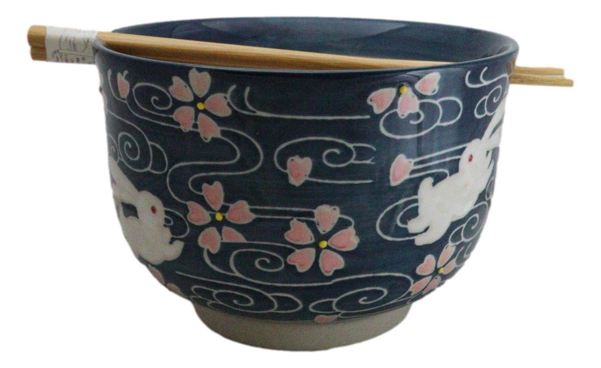 Pink Sakura White Rabbits Large 24Oz Donburi Ramen Bowl With Chopsticks Set