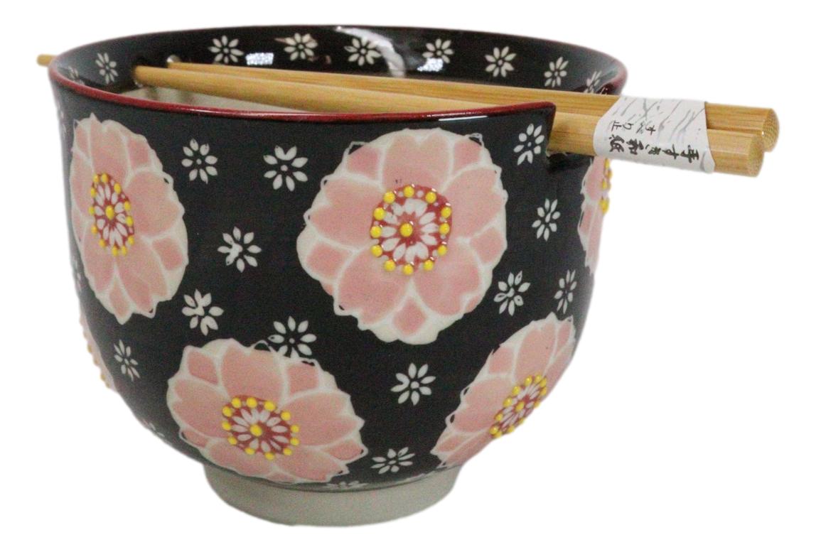 Black And Pink Cherry Blossoms Sakura Donburi Ramen Bowl With Chopsticks Set