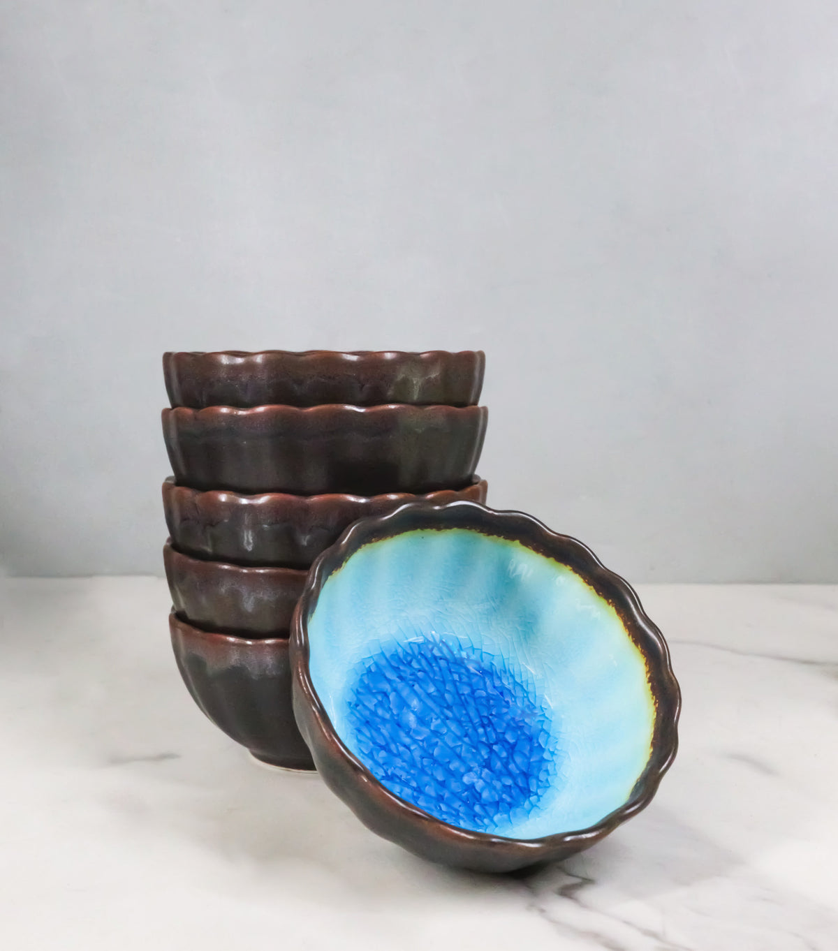 Pack Of 6 Crackle Blue Aozora Kannyu Small Round Appetizer Sauce Kozara Dishes