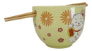 Maneki Neko Lucky Cat Yellow Ceramic Donburi Ramen Soup Bowl With Chopsticks Set