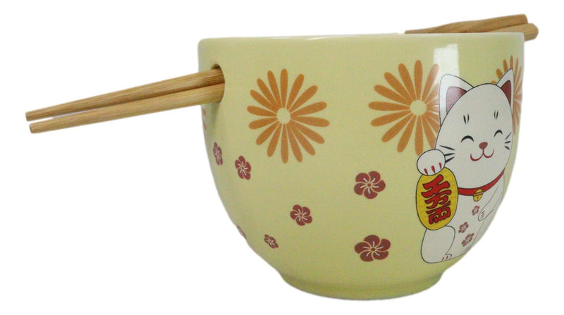 Maneki Neko Lucky Cat Yellow Ceramic Donburi Ramen Soup Bowl With Chopsticks Set