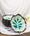 Pack Of 6 Crackle Green Midori Kannyu Ceramic Leaf Shaped Appetizer Salad Plates