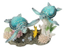Marine Ocean Blue Sea Turtles Family With Yellow Fish And Coral Reef Figurine