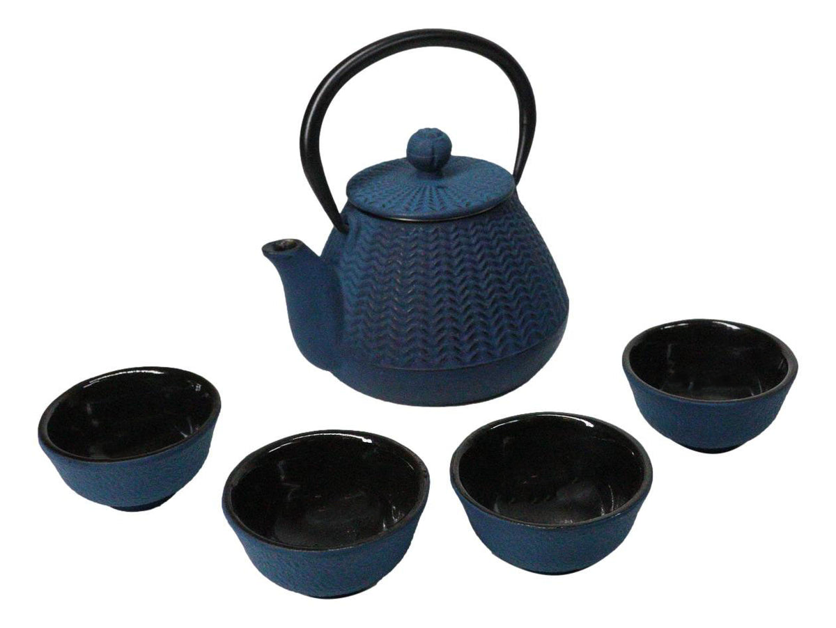 Royal Blue Tokusa Geometry Petite Cast Iron Teapot 10oz With 4 Mini Tea Cups Set