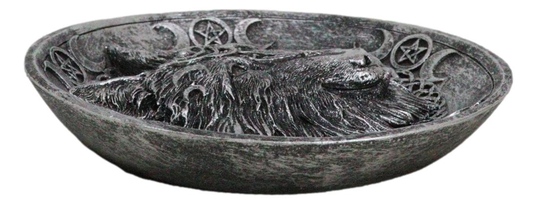 Wicca Celtic Knotwork Triple Moon Pentagram Gray Wolf Round Incense Holder