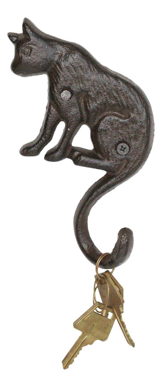 Pack of 2 Cast Iron Rustic Feline Kitty Cat with Playful Tail Wall Hooks