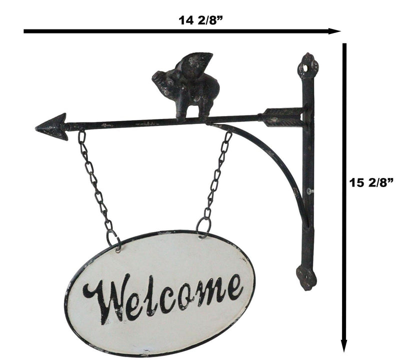 Cast Iron Rustic Farmhouse When Pigs Fly Angel Pig With Arrow Welcome Wall Sign
