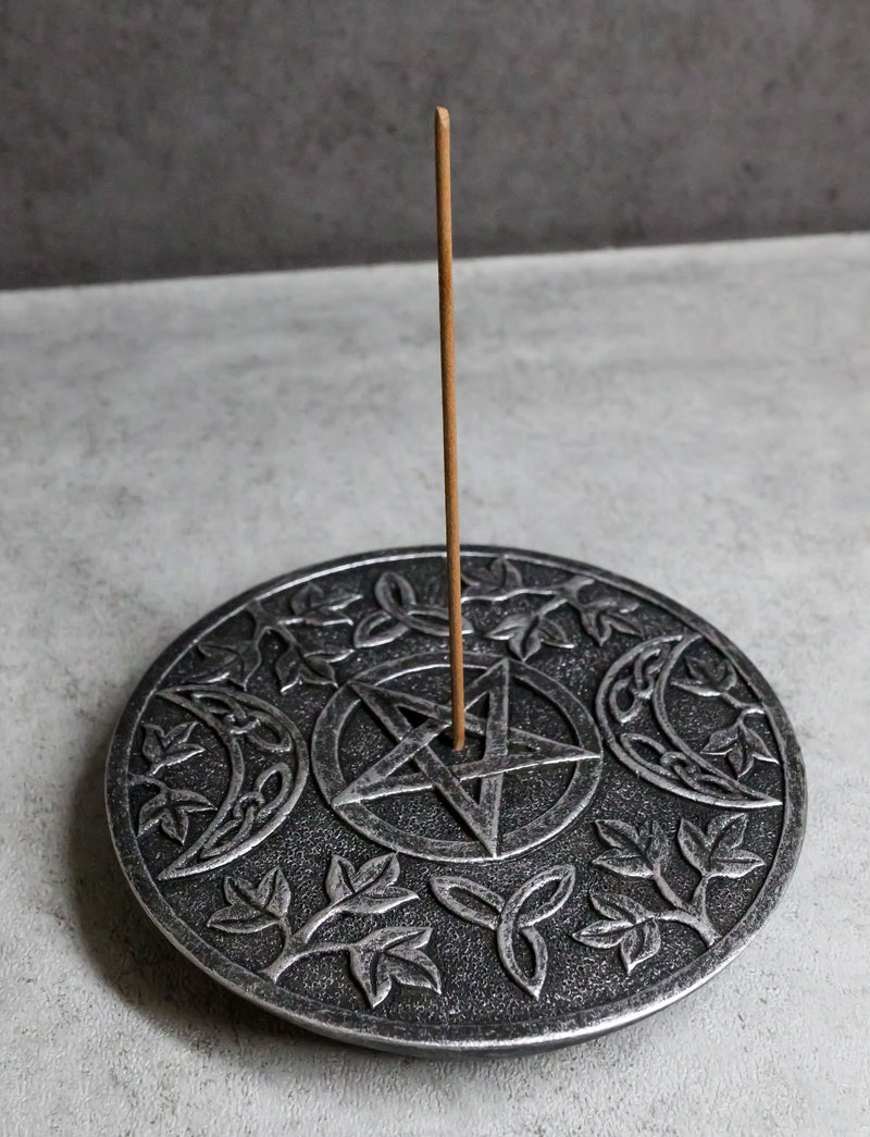 Wicca Triple Moon Triskele Goddess Pentagram Round Incense Holder Figurine