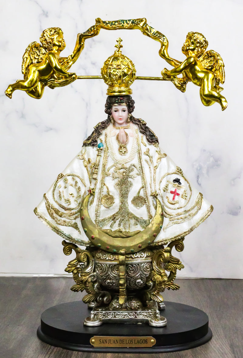 Our Lady of San Juan De Los Lagos Golden Crown And Angels Regal White Figurine