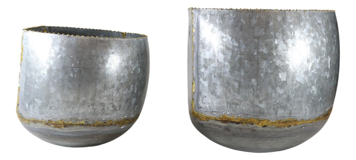 Farmhouse Rustic Galvanized Metal Silver with Gold Accent Wall Planters Set of 2