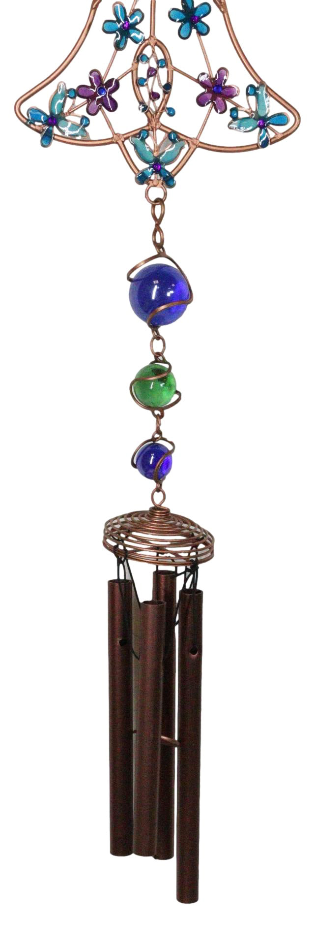 Blue Floral Scroll with Gemstones Christian Cross Art Glass Metal Wind Chime