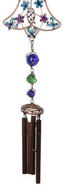 Blue Floral Scroll with Gemstones Christian Cross Art Glass Metal Wind Chime
