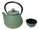 Chrysanthemum Green Gold Petite Cast Iron Teapot 10oz With 4 Mini Tea Cups Set