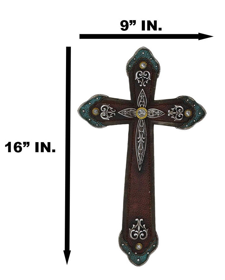 Rustic Western Cowboy Diamond Teardrop Crystals Tooled Leather Wall Cross Plaque