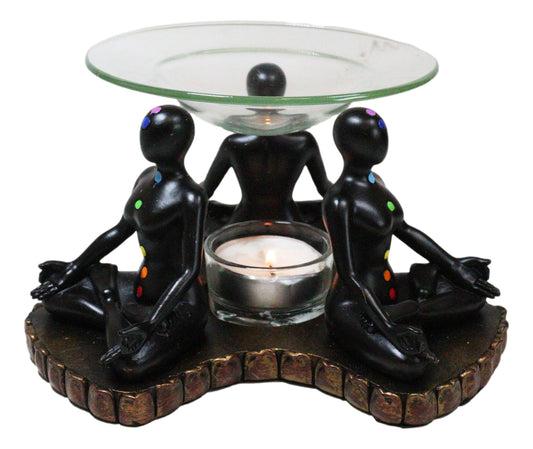 Chakra Zones Black Yoga Avatars Meditating On Lotus Candle Heat Oil Burner Decor - Ebros Gift