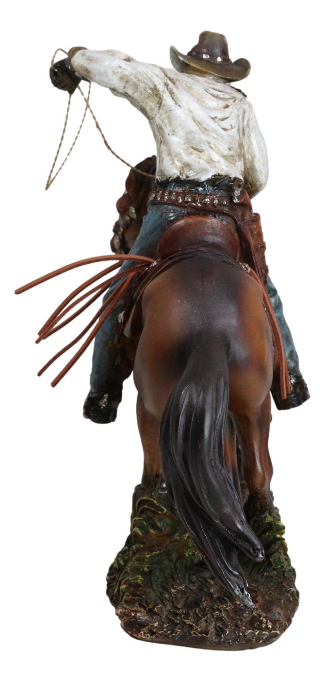 Rustic Western Cowboy Riding On Horse Rodeo Tie Down Roping A Calf Figurine