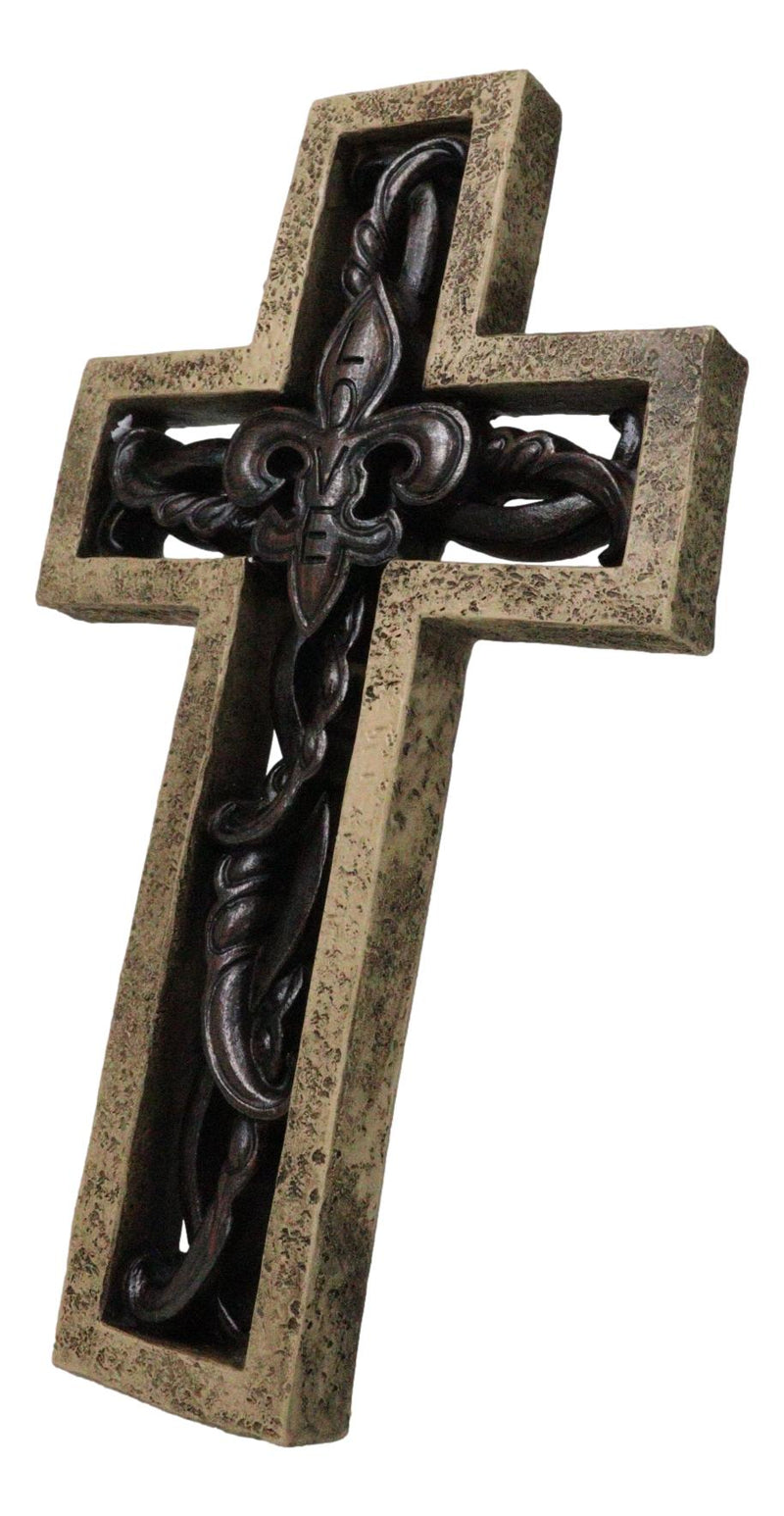 Rustic Faux Stone Fleur De Lis French Lily Scrollwork Tuscany Wall Cross
