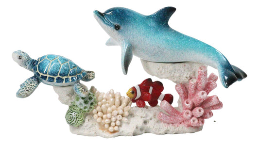 Ocean Dolphin Sea Turtle Clownfish Swimming By Coral Reef Sea Anemone Figurine