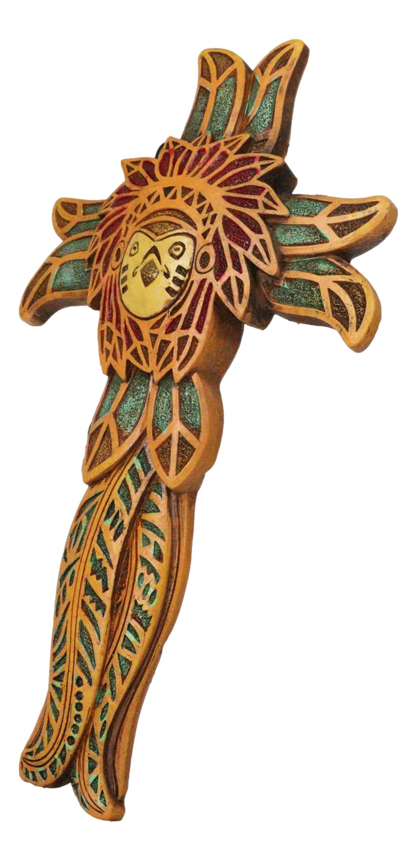 Native American Indian Owl Chief with Headdress Floral Faux Wooden Wall Cross