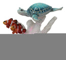Blue Sea Turtle Swimming with 2 Clownfishes By LED Coral Reef Anemone Figurine