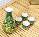 Green Golden Koi Fishes In Water Porcelain Sake Flask And 4 Ochoko Cups Set