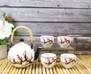 White Pink Sakura Cherry Blossoms Porcelain 30oz Teapot And 4 Tea Cups Set