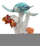 Blue Sea Turtle Swimming with 2 Clownfishes By LED Coral Reef Anemone Figurine