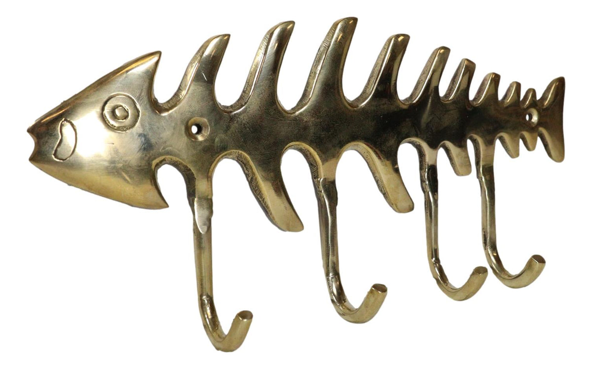 Brass Metal Golden Fishbone Fish Bone Marine Coastal 4 Peg Wall Hooks Plaque - Ebros Gift