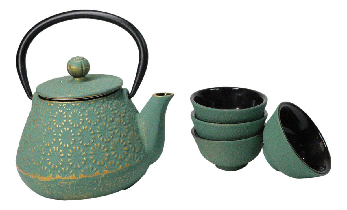 Chrysanthemum Green Gold Petite Cast Iron Teapot 10oz With 4 Mini Tea Cups Set