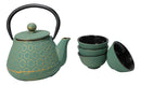 Chrysanthemum Green Gold Petite Cast Iron Teapot 10oz With 4 Mini Tea Cups Set