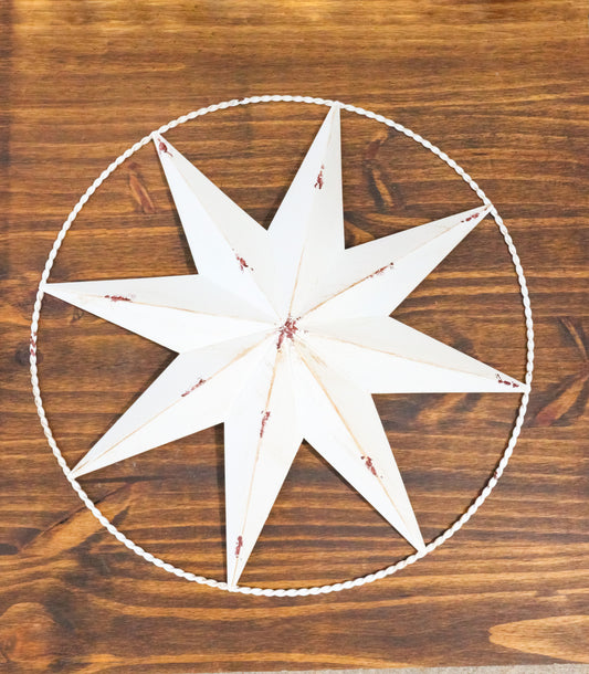 White Large 18"D Metal Vintage Rustic Western 8 Pointed Star Circle Wall Decor