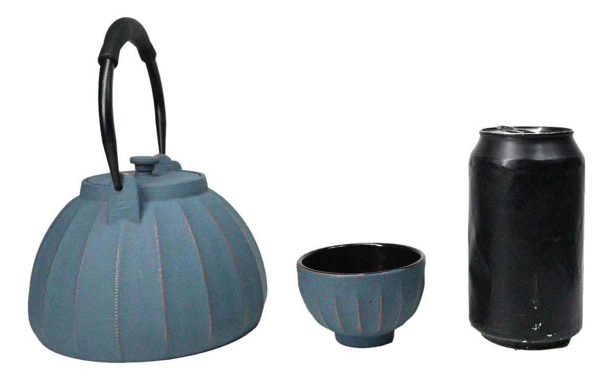 Blue Vertical Lines Design Tetsubin Cast Iron Teapot 33oz And 4 Tea Cups Set