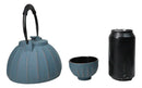 Blue Vertical Lines Design Tetsubin Cast Iron Teapot 33oz And 4 Tea Cups Set