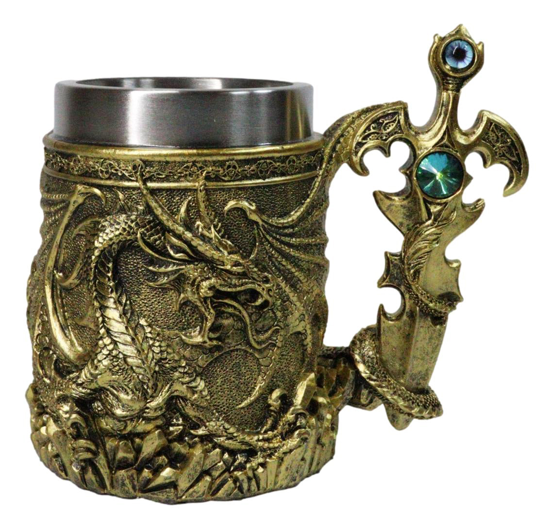 Large Golden Dragon Mug with Jeweled Sword Handle Medieval Fantasy Tankard 20oz