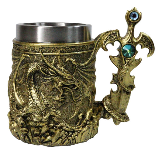Large Golden Dragon Mug with Jeweled Sword Handle Medieval Fantasy Tankard 20oz