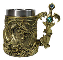 Large Golden Dragon Mug with Jeweled Sword Handle Medieval Fantasy Tankard 20oz