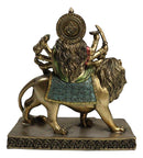 Hindu Goddess Durga Wearing Red Sari With Weapons Riding On Lion Figurine