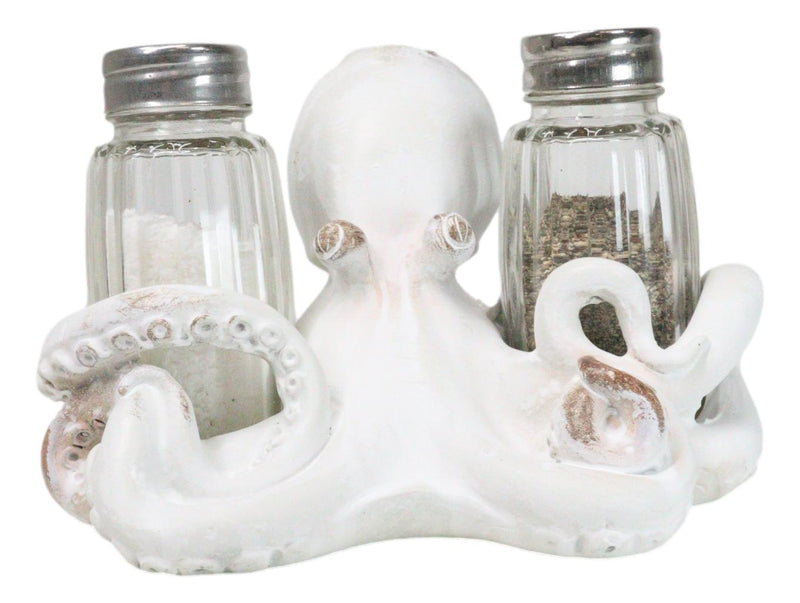 Antique White Nautical Marine Cephalopod Octopus Salt Pepper Shakers Holder Set