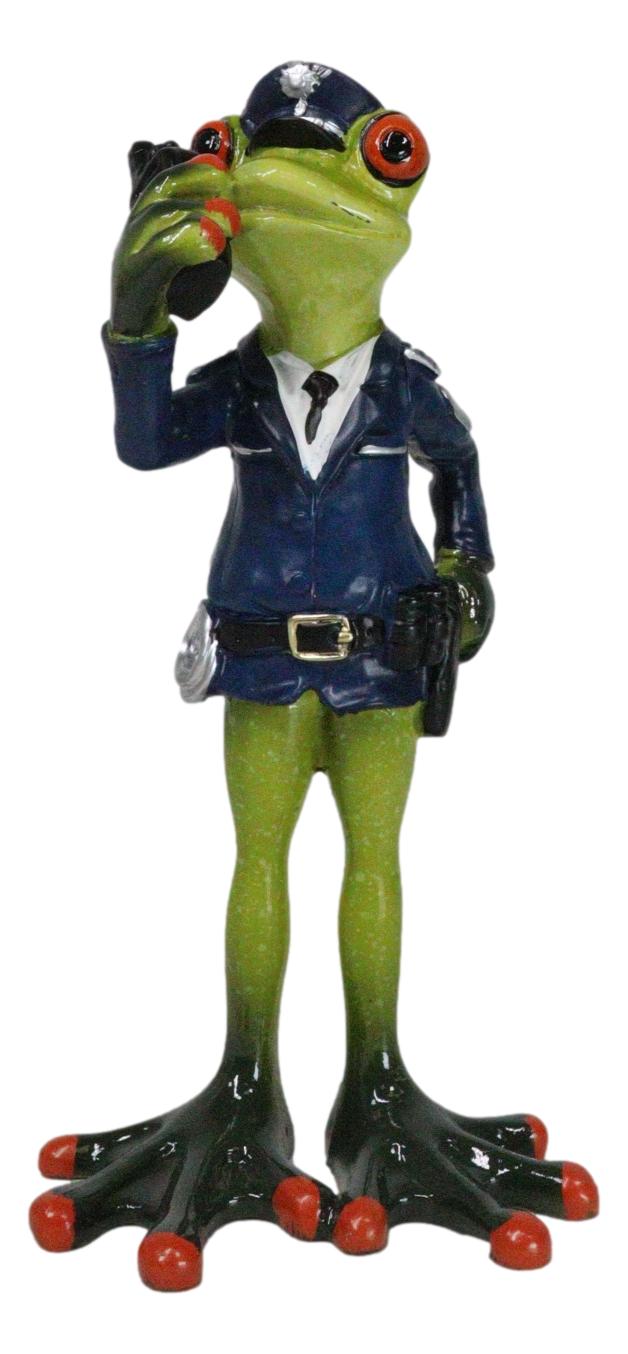 Toad In Blue Police Officer Green Frog Holding Radio Reporting For Duty Figurine