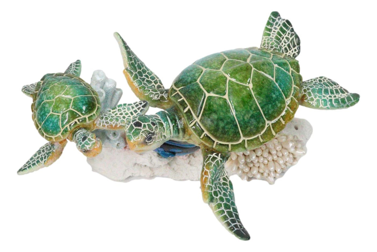Green Sea Turtles Family Swimming By Coral Reef Sea Anemone Blue Fish Figurine