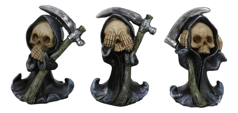 Set Of 3 See Speak And Hear No Evil Grim Reaper Skeleton With Scythe Figurines