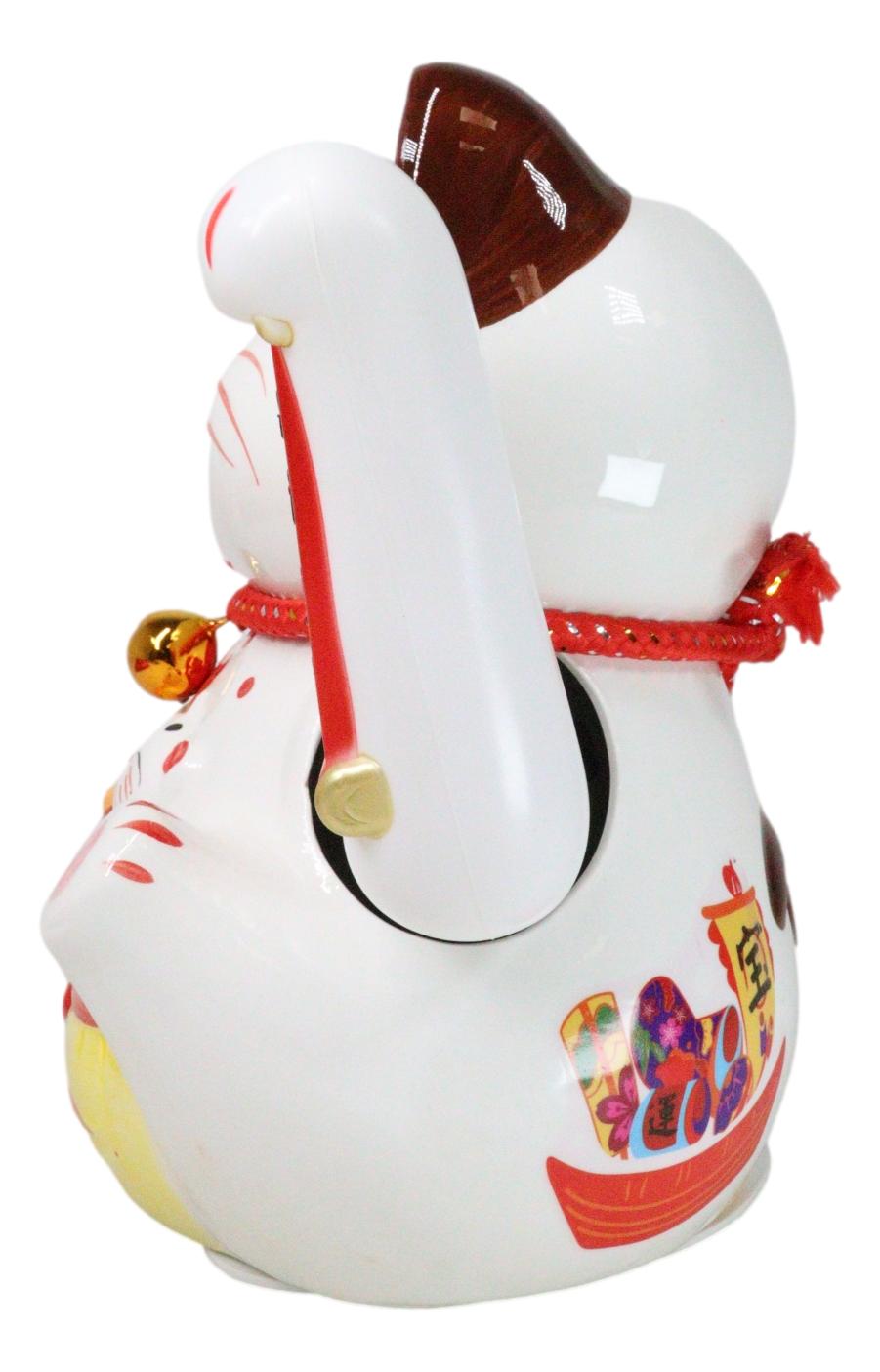 Japanese Lucky Charm White Beckoning Cat Maneki Neko With Waving Arm Figurine 9" - Ebros Gift
