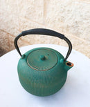 Green Gold Tokusa Vertical Lines Design Tetsubin Larger Cast Iron Teapot 33oz