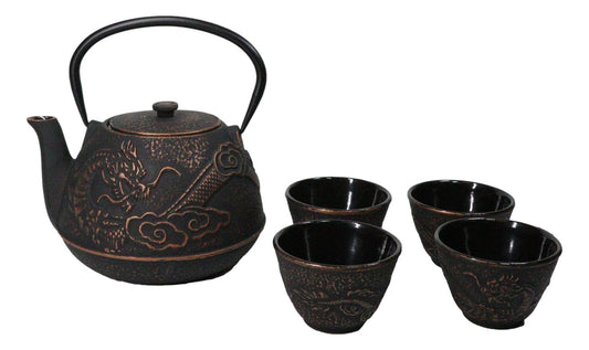Bronze Oriental Dragon Design Tetsubin Cast Iron Teapot 33oz And 4 Tea Cups Set