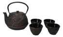 Bronze Oriental Dragon Design Tetsubin Cast Iron Teapot 33oz And 4 Tea Cups Set