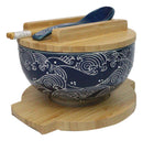 Blue Nami Waves Surf Donburi Ramen Bowl With Lid Trivet Spoon Chopsticks Set