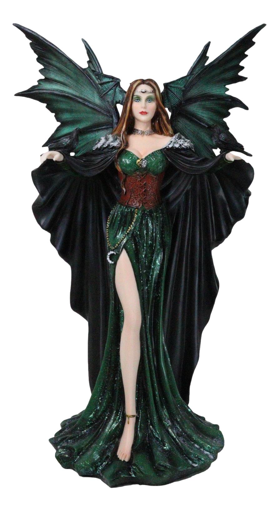 Large Gothic Dragon Fairy Queen In Long Green Robe With Ravens Statue 17"H